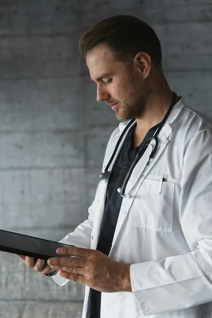 Médico do trabalho consultando informações em um tablet